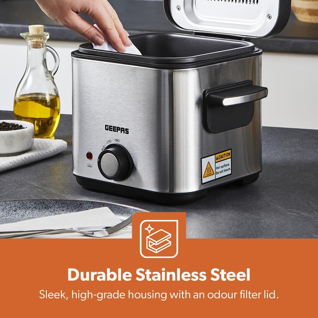 900W Deep Fat Fryer 1.5L - Stainless Steel Housing with Cool Touch Handle - Chrome Plated Inner Pot with Viewing Window - Temperature Control with Overheating Protection - 2 Years Warranty