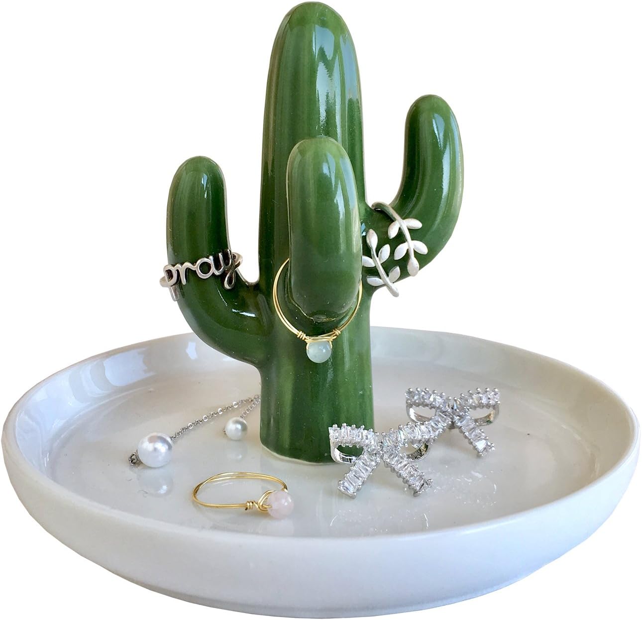 FairyLavie Cactus Ring Holder Dish for Jewelry, Ceramic Succulent Ring Holders Organizer Display for Home Decor and Birthday Wedding Festival Gifts for Mom, Aunt, Friends, Girlfriend (Green Cactus)