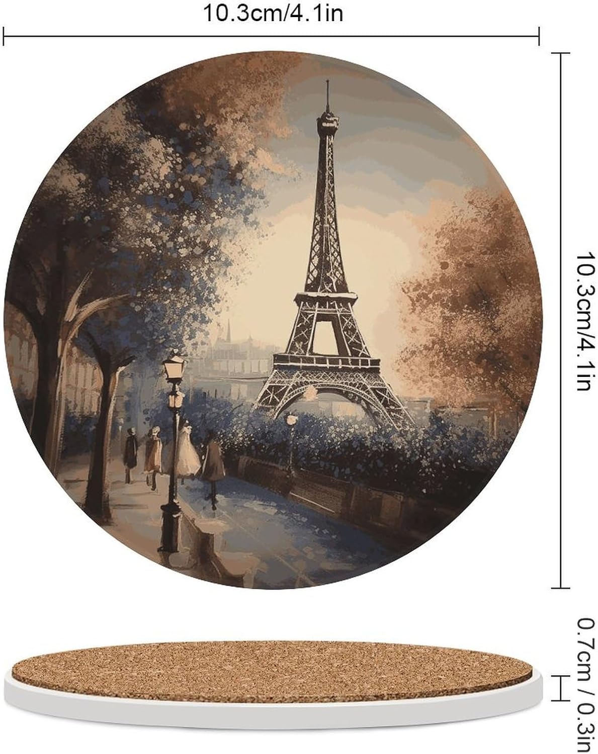 6PCS Romantic Paris Eiffel Tower Coasters Non-Slip Round Drink Coasters with Ceramic Stone and Cork Base, Heat Resistant Absorbent 33.00Stone Coaster Set for Kinds of Mugs and Cups, 4 Inch