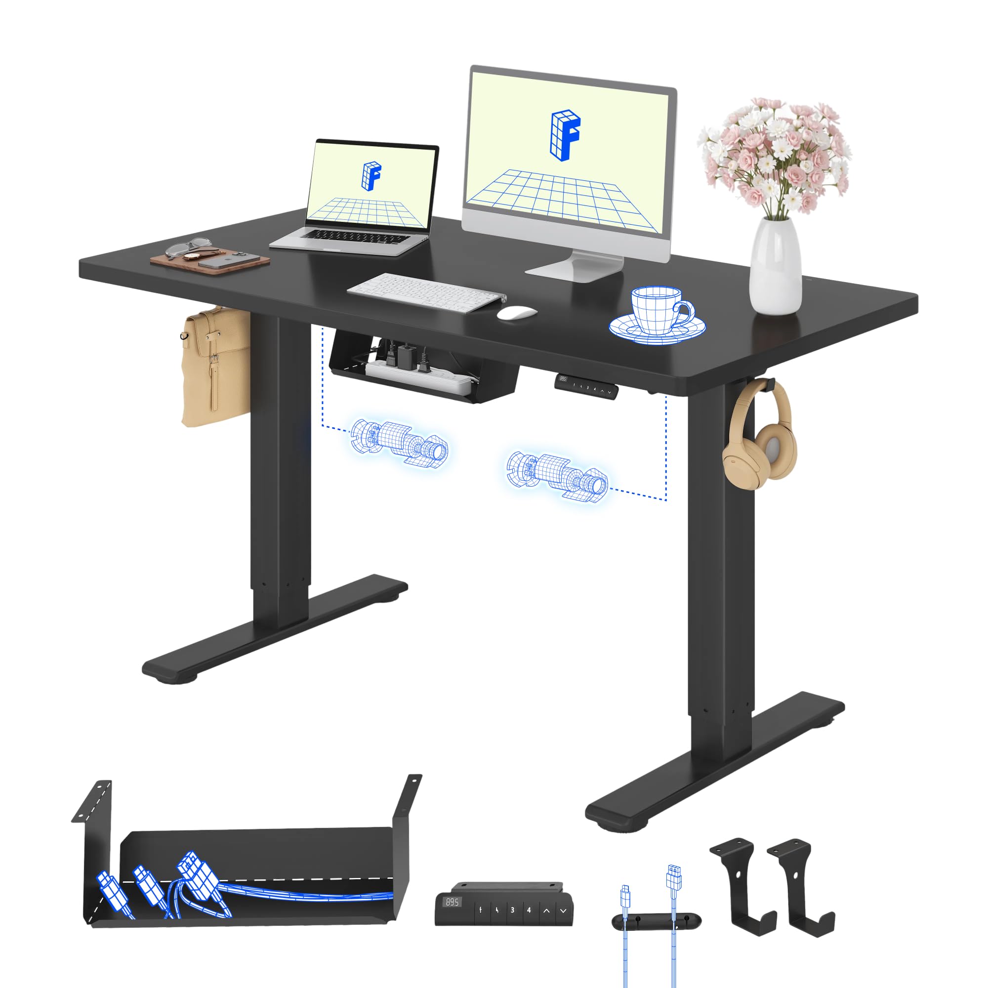 FLEXISPOT Höhenverstellbarer Schreibtisch mit 2 Motoren & 25MM einteiliger Tischplatte,ergonomischer Bürotisch - 120 x 60 cm Schwarz, schwarzes Gestell