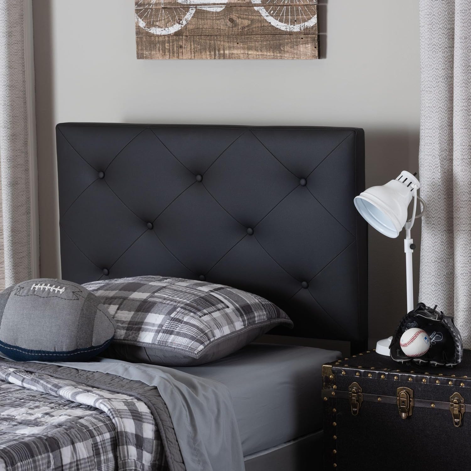 BOWERY HILL Modern Twin Headboard, Faux Leather Upholstered, Black Finish, Adjustable Legs with Button-Tufted Design, 22.23" H x 38.81" W x 3.32" D, Contemporary Style Bedroom Furniture