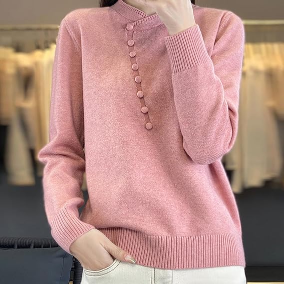 Sweaters for Women Casual Long Sleeve V Neck Crochet Pullover Sweater Half Button Down Solid Color Soft Fall Tops