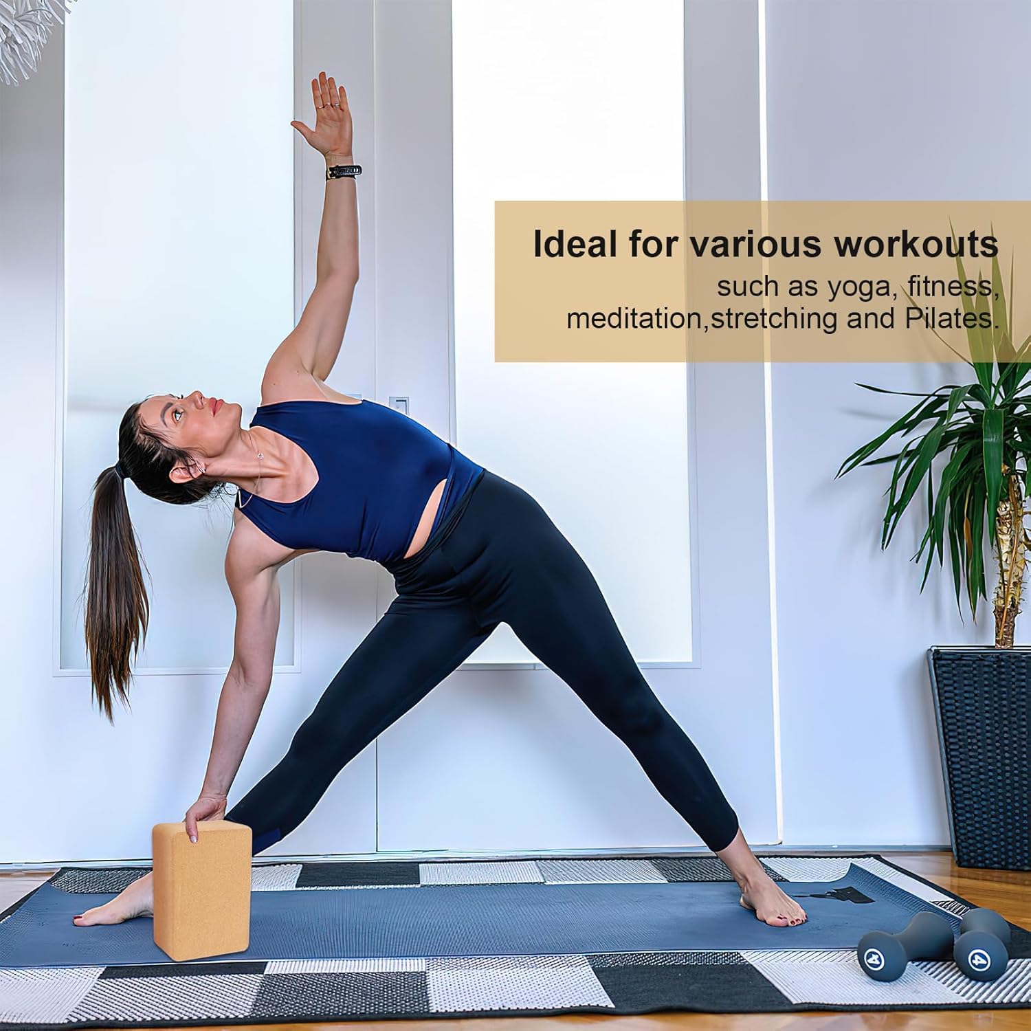 Paquete de 4 bloques de yoga de corcho, bloques de yoga antideslizantes y de alta densidad, ladrillo de madera natural para ejercicio, pilates, estiramiento, equilibrio, gimnasio, entrenamiento en