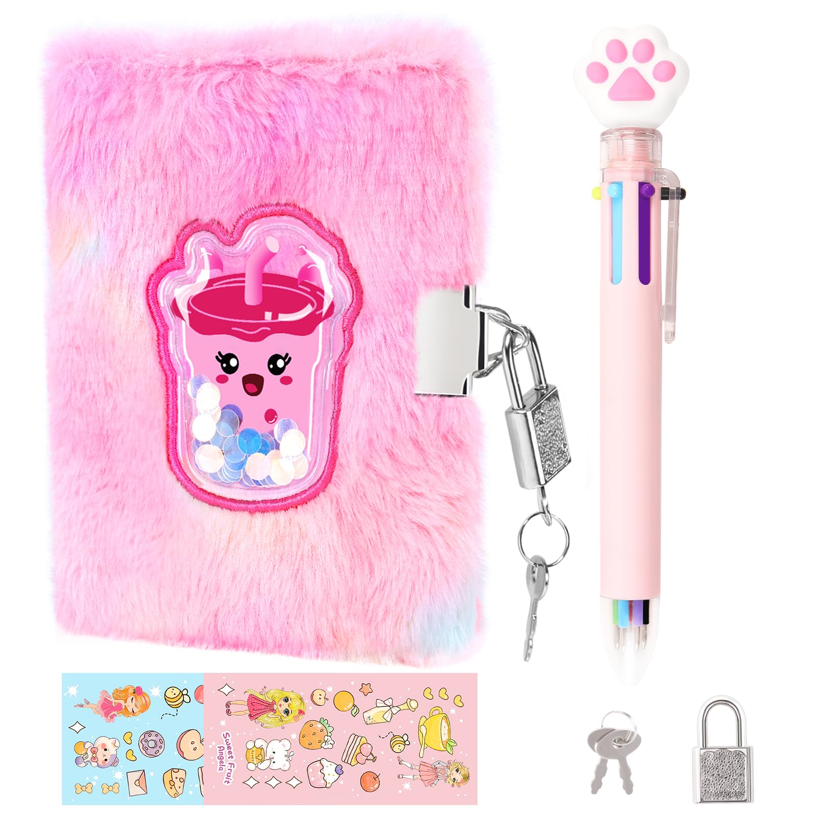 PrinBarBee Boba Diary For Girls With Lock And Keys, Girl Journal, Girls Fuzzy Notebook Gift Set For Writing And Drawing,Lock Diary For Kids, Birthday Gift For Kids Ages 6-8