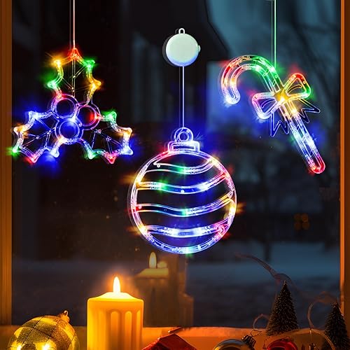 Miniatura 9 de LOLStar Decoraciones de Navidad, paquete de 3 coronas, caja de regalo, luces de ventana de Navidad de Papá Noel con ventosas, luces de Navidad que