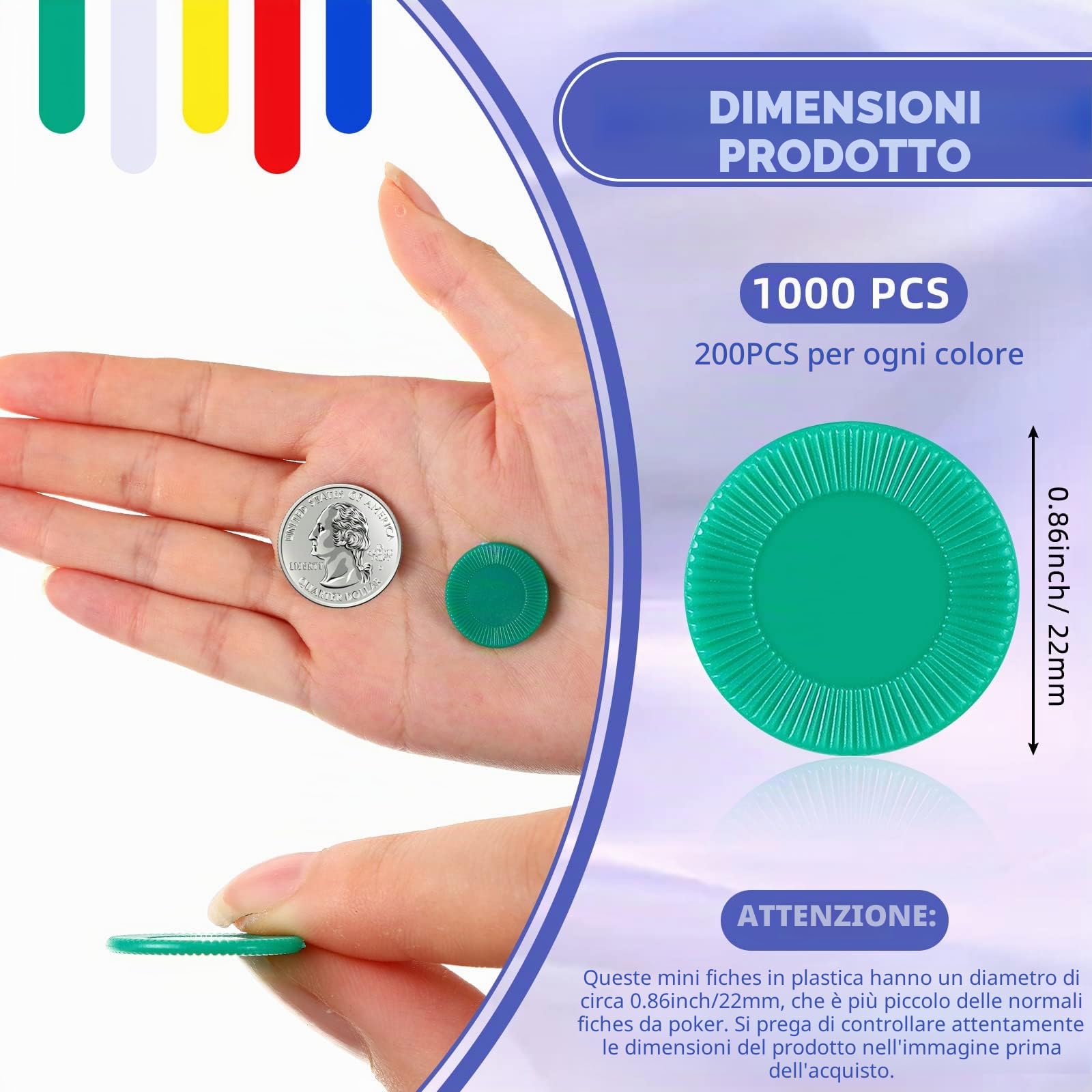 Skylety 1000 fiches da poker in plastica, 5 colori, per bambini, gioco, apprendimento, matematica, conteggio, bingo, carte vuote per ricompensa per bambini, 2,2 cm