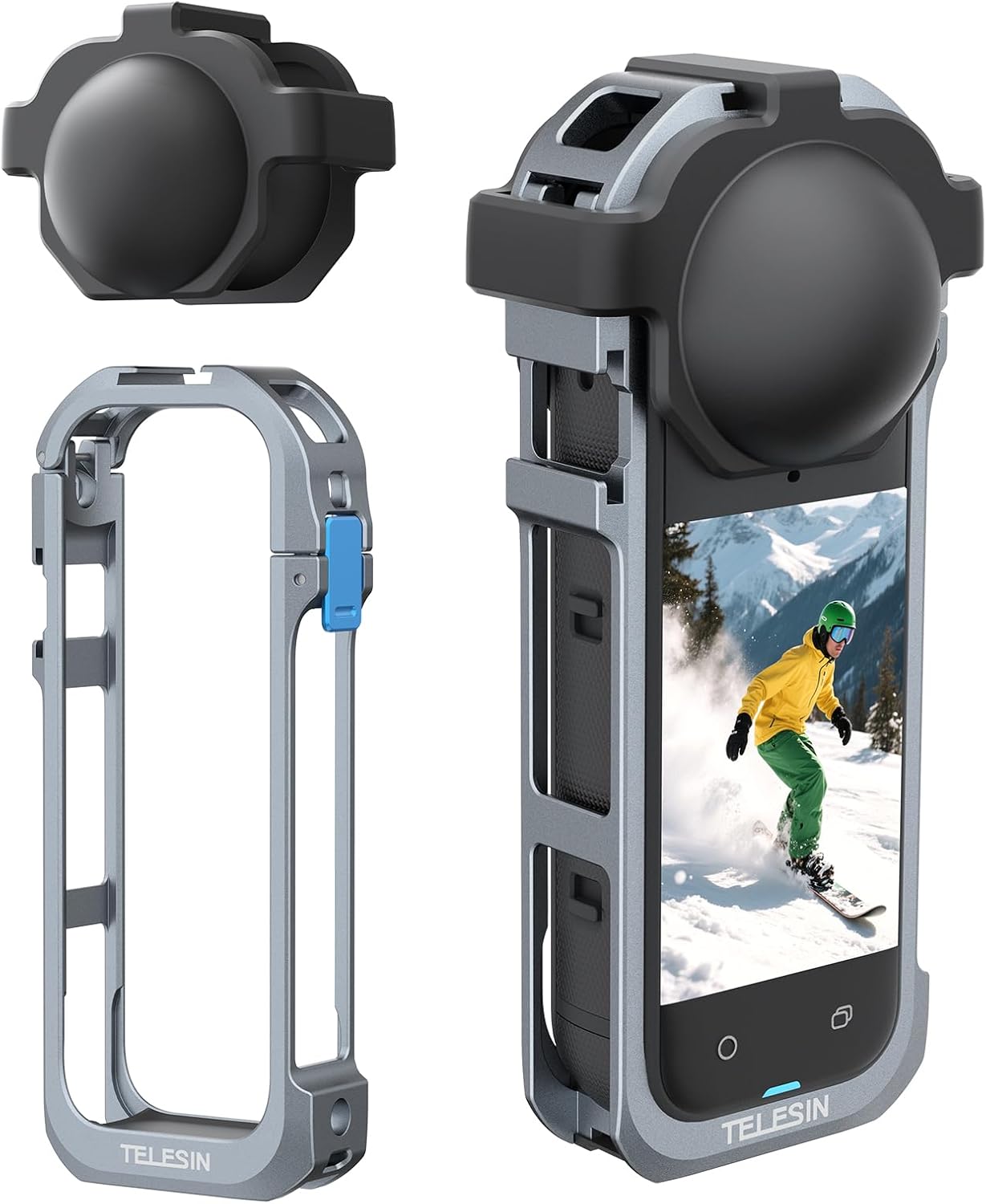 TELESIN Aluminum Alloy Protective Frame Case for Insta360 X5 with Cold Shoe Mount Magnetic Quick-Release Mount 1/4-inch Threaded Interface with Silicone Protective Len Case for Camera Accessories