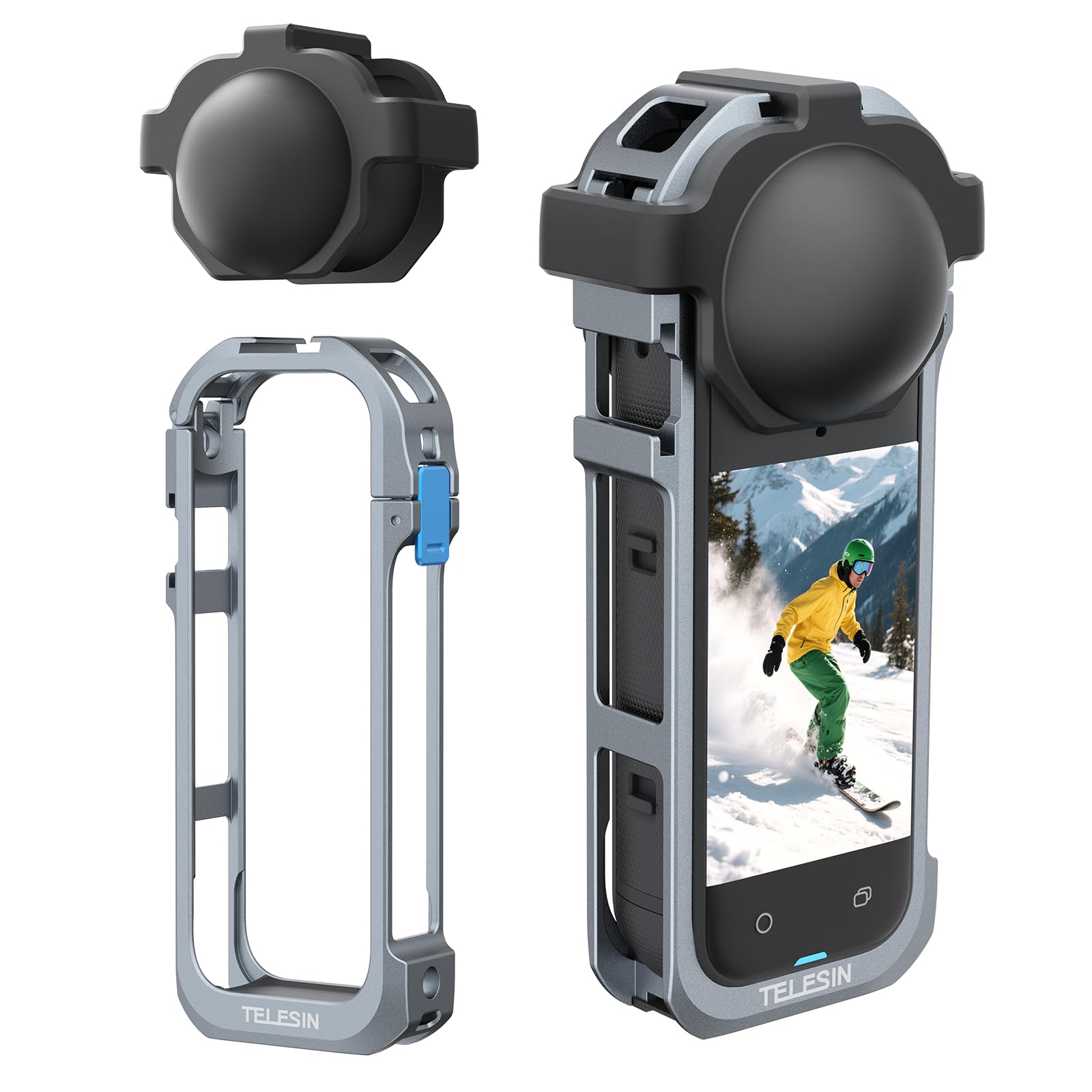 TELESIN Aluminum Alloy Protective Frame Case for Insta360 X5 with Cold Shoe Mount Magnetic Quick-Release Mount 1/4-inch Threaded Interface with Silicone Protective Len Case for Camera Accessories-image-11