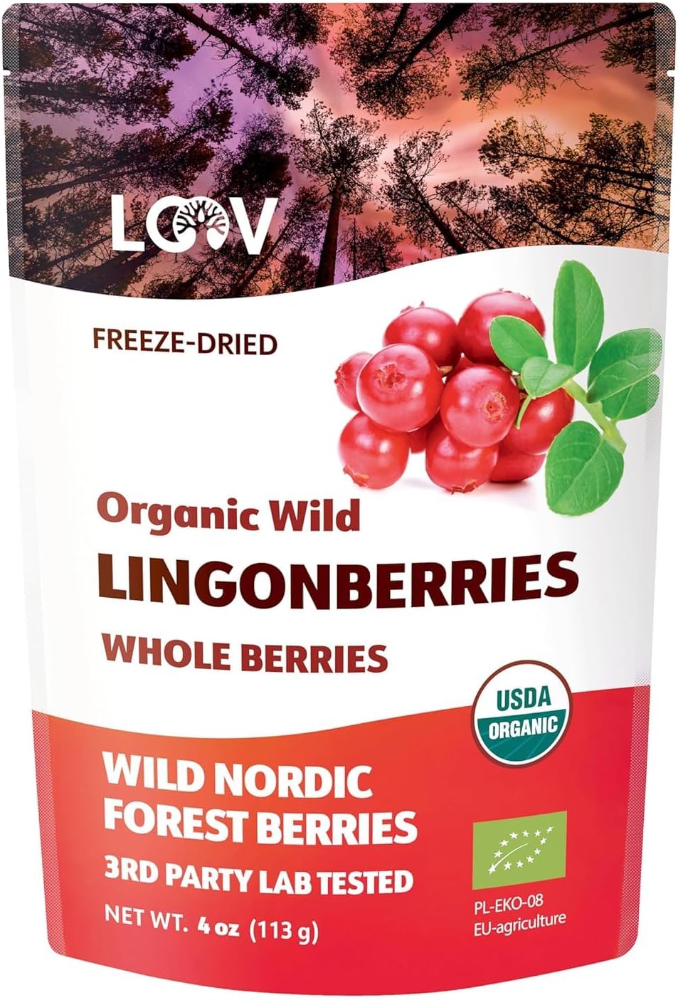 Freeze Dried Organic Wild Lingonberries, No Sugar Added, 100% Dried Whole Fruit Lingonberries, Wild-Crafted from Northern European Forests, 113 g, 23-Day Supply, Non-GMO