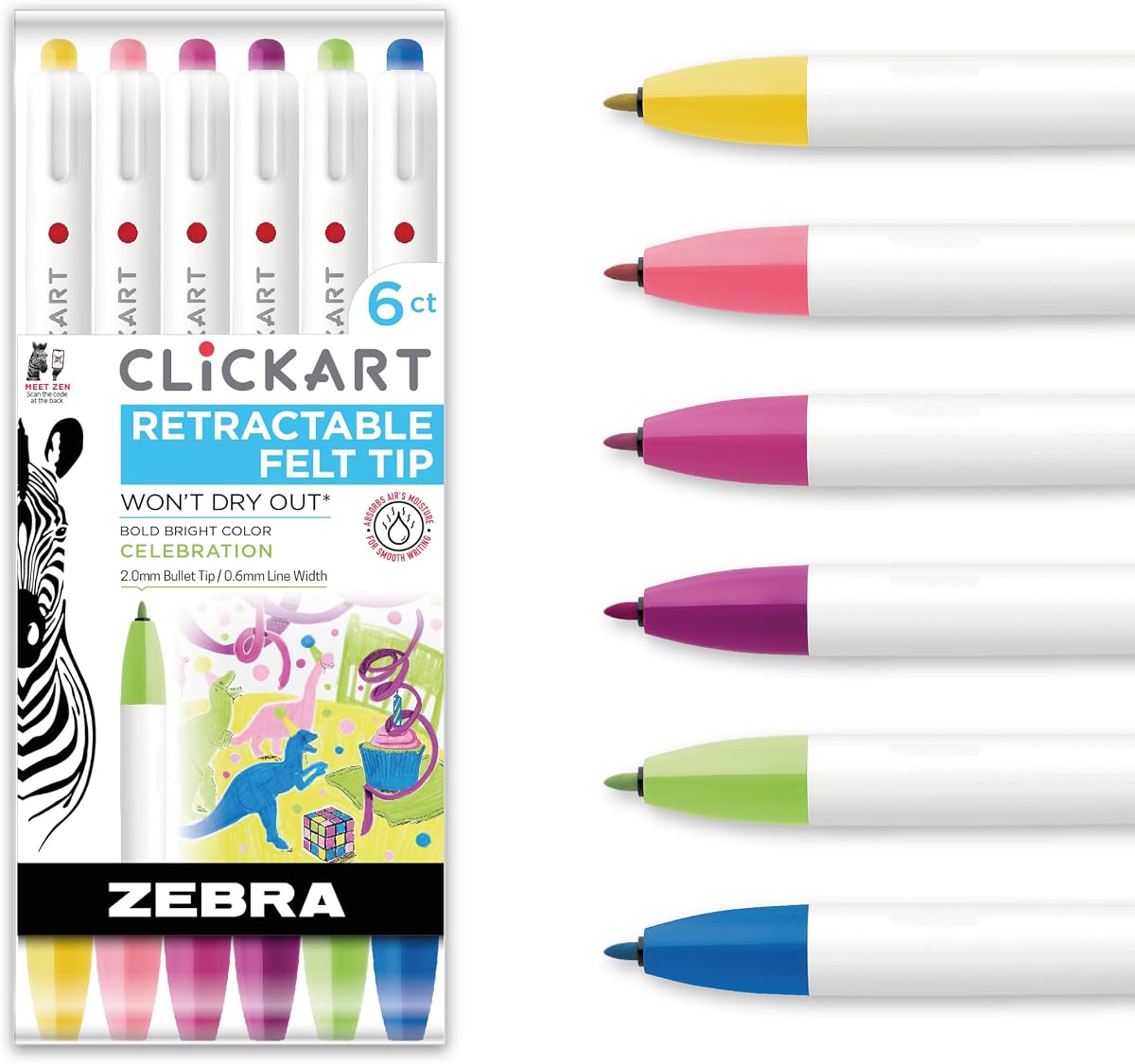 Zebra Pen CLiCKART No Bleed Felt Tip Pen, Celebrations Ink, 0.6mm, 6-Pack | Moisture-Absorbing Ink Resists Drying Out, Retractable Design, Fine Point Tip, Ideal for Journaling and Drawing (69076)