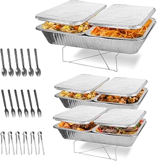 6 Pack Disposable Chafing Dish Buffet Set with Full-Size Pans, Half-Size Pans, Lids, Stands, Buffet Set Trays Food Warmers for Parties & Events, Replacement Chafing Dishes for Catering