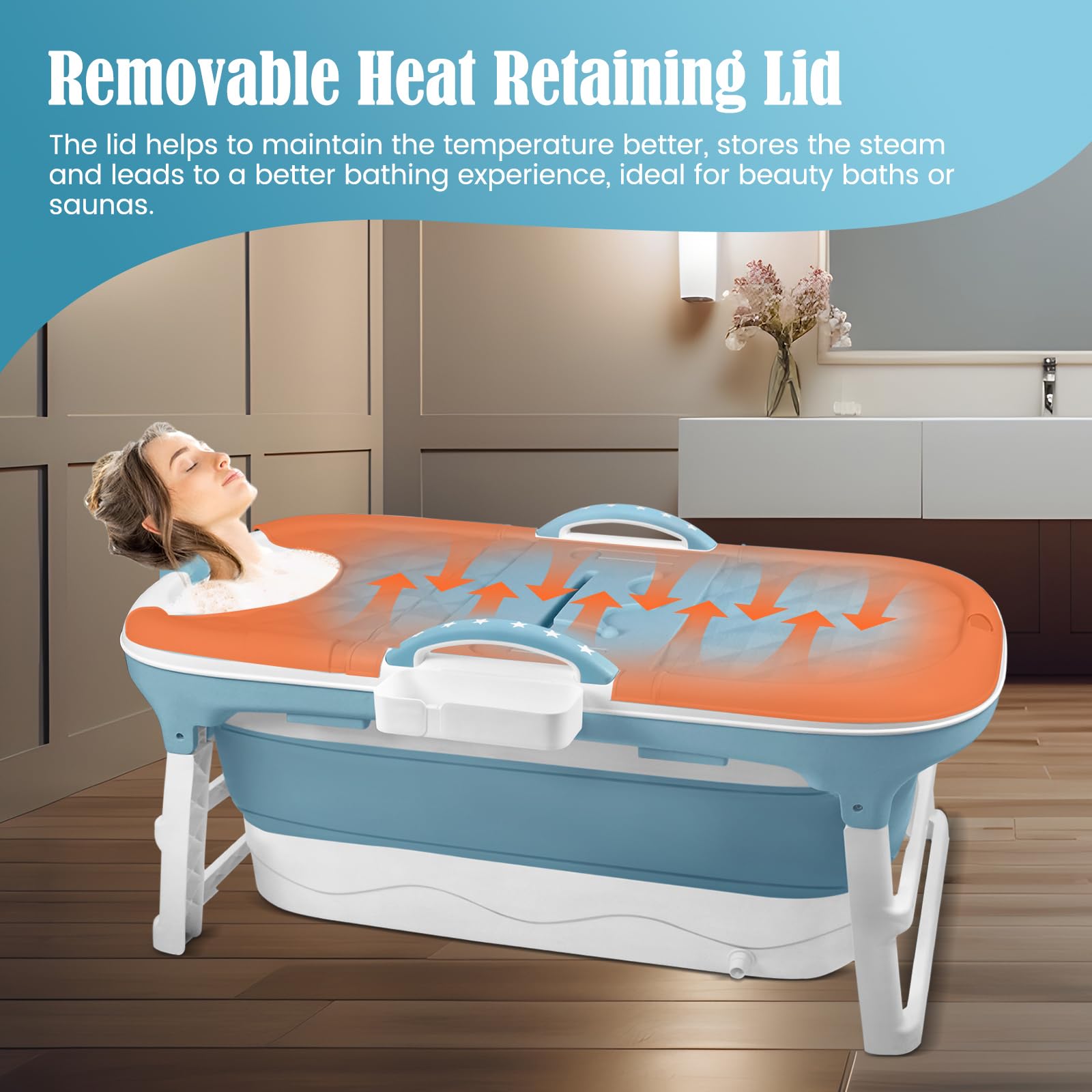 Bañera Plegable para Adultos, Bañeras Plegables Móvil con Rodillos de Masaje y Cubierta Extraíble, Bathtub Plegable Portátil para Baños Pequeños, Cesta de Jabón, Termómetro, Balcón, Azul, 118x62x52cm