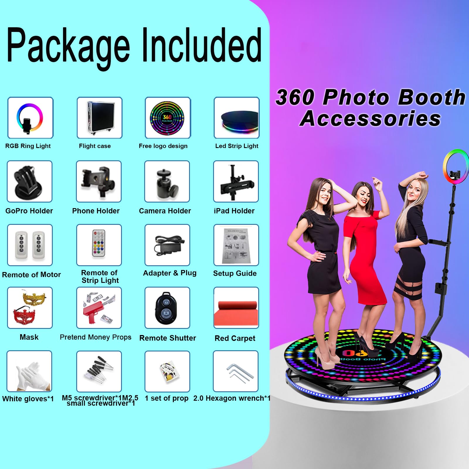 Set fotografico a 360° con custodia per il trasporto, cabina fotografica a 360° con telecomando per 5-6 persone, anello luminoso RGB, logo personalizzato gratuito (100 cm / 39,4in)