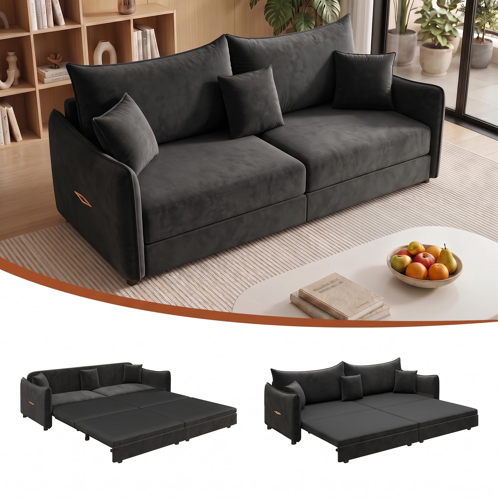 Photo 1 of Yafylly 82" Queen Full Size 3-in-1 Convertible Sleeper Sofa Bed, Velvet Loveseat Pull Out Couch with Pillows for Living Room, Bedroom, Apartment, Office, Black----PLEASE BRING TRUCK UPON PICK UP ITEM IS XL
