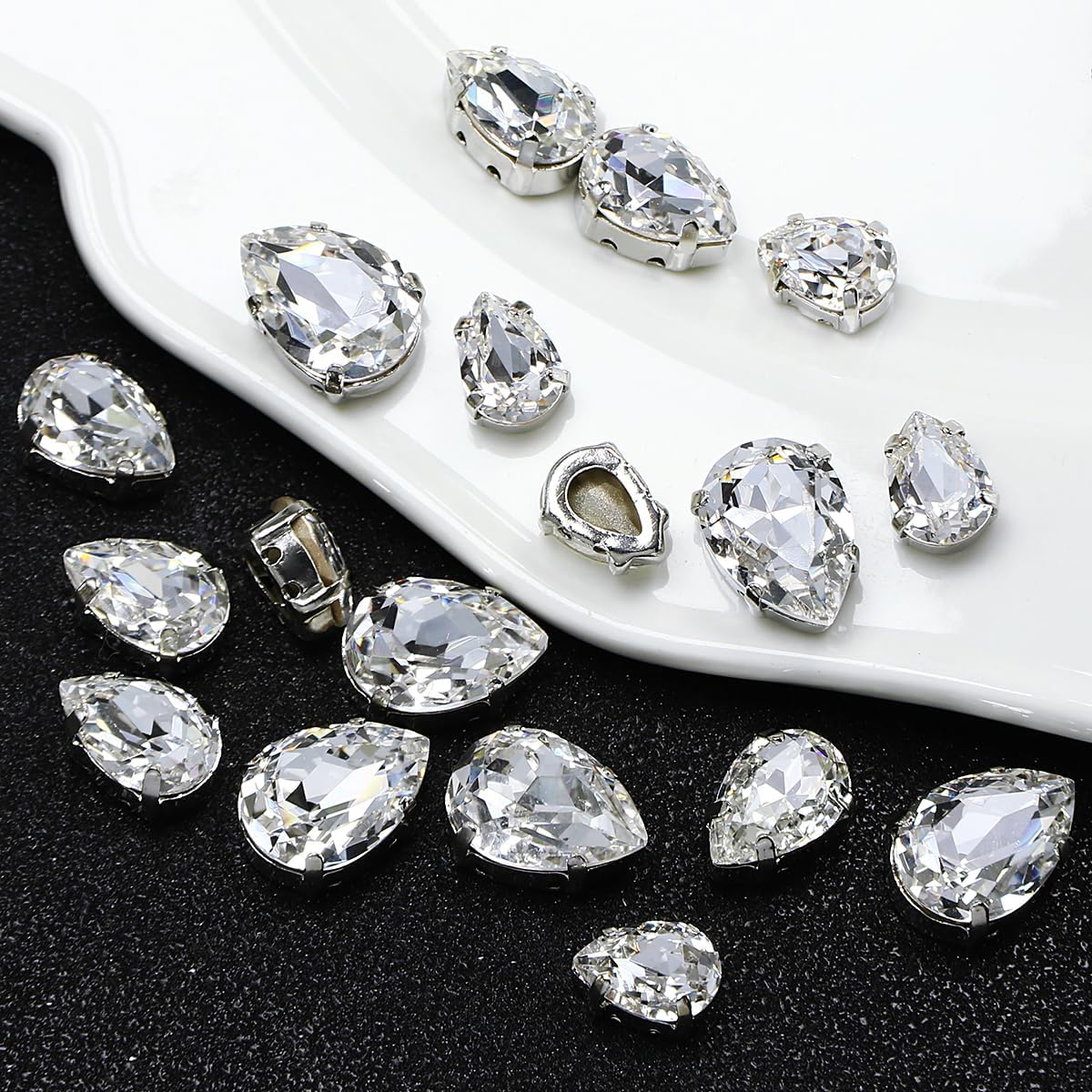 DONGZHOU Drop Shape Sew On Rhinestone with Silver Claw,48 Pcs Mix Size Sewing Crystal Stone K9 Glass Gems for Clothes Shoes Jewelry Making DIY Crafts Wedding Decoration