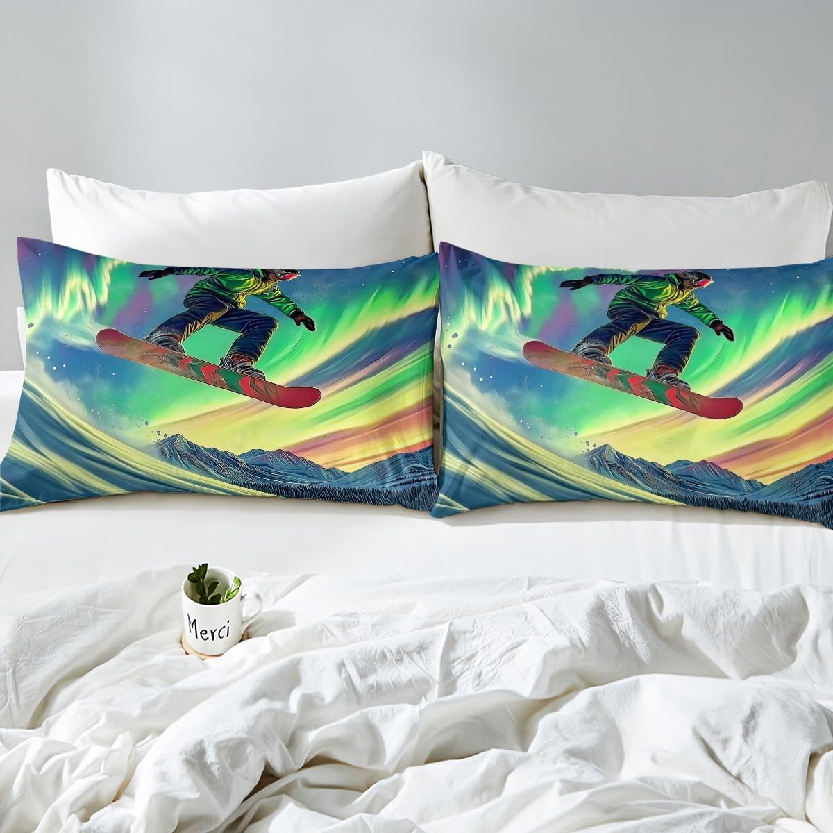 Erosebridal Aurora Skiing Bedding Set Queen Size,Winter Ski Themed Duvet Cover for Kids Adults,Snowboard Skier Bed Set Snow Mountain Scene Duvet Cover with 2 Pillowcases Room Decor (No Comforter)