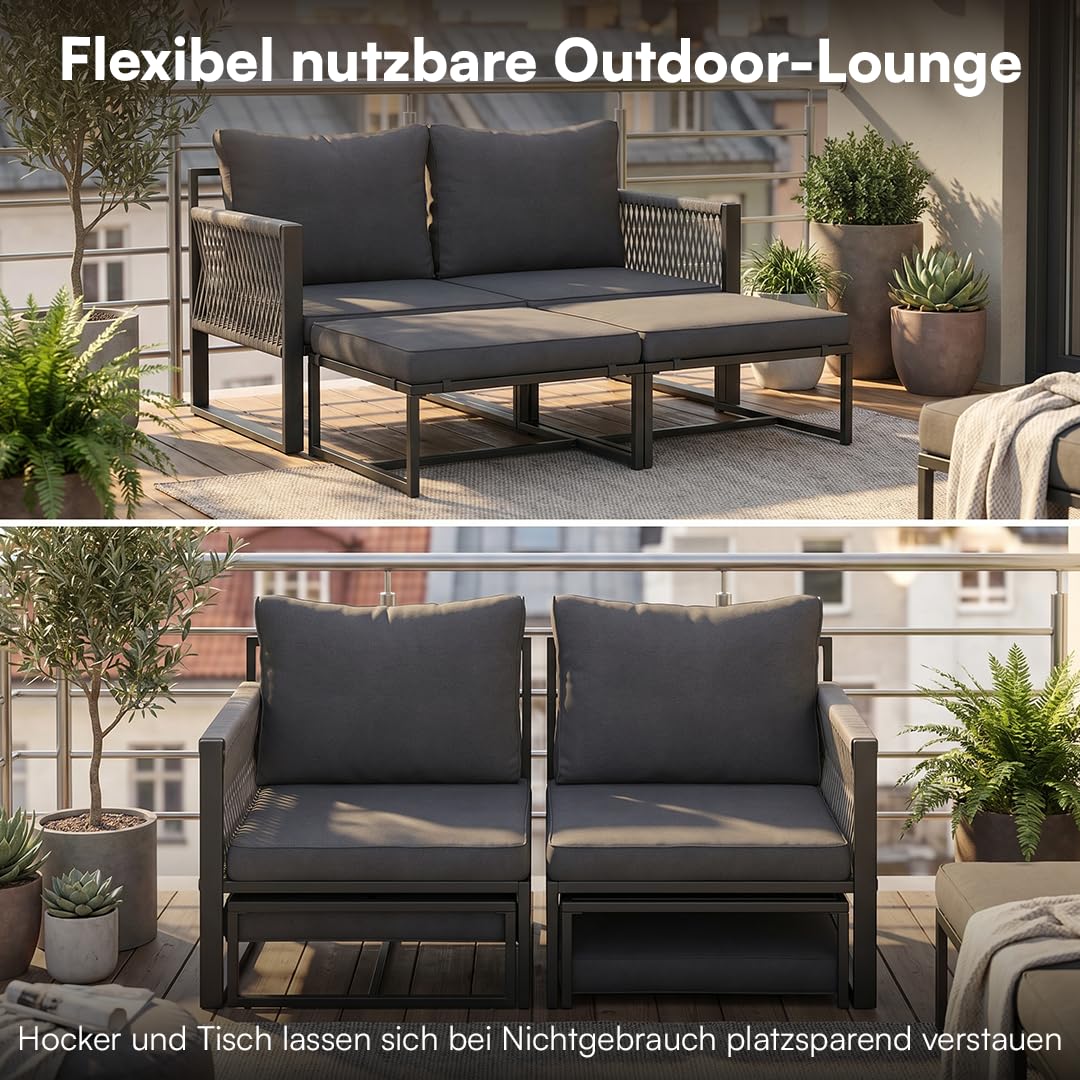 STEELSØN Tyranis Gartenmöbel Set Outdoor 4-TLG inkl. Tisch mit Ablage & Hocker – multifunktionales Balkonmöbel Set mit 6 Kissen – Sitzgarnitur Sessel für 4 Personen – dick gepolstert – Metall schwarz