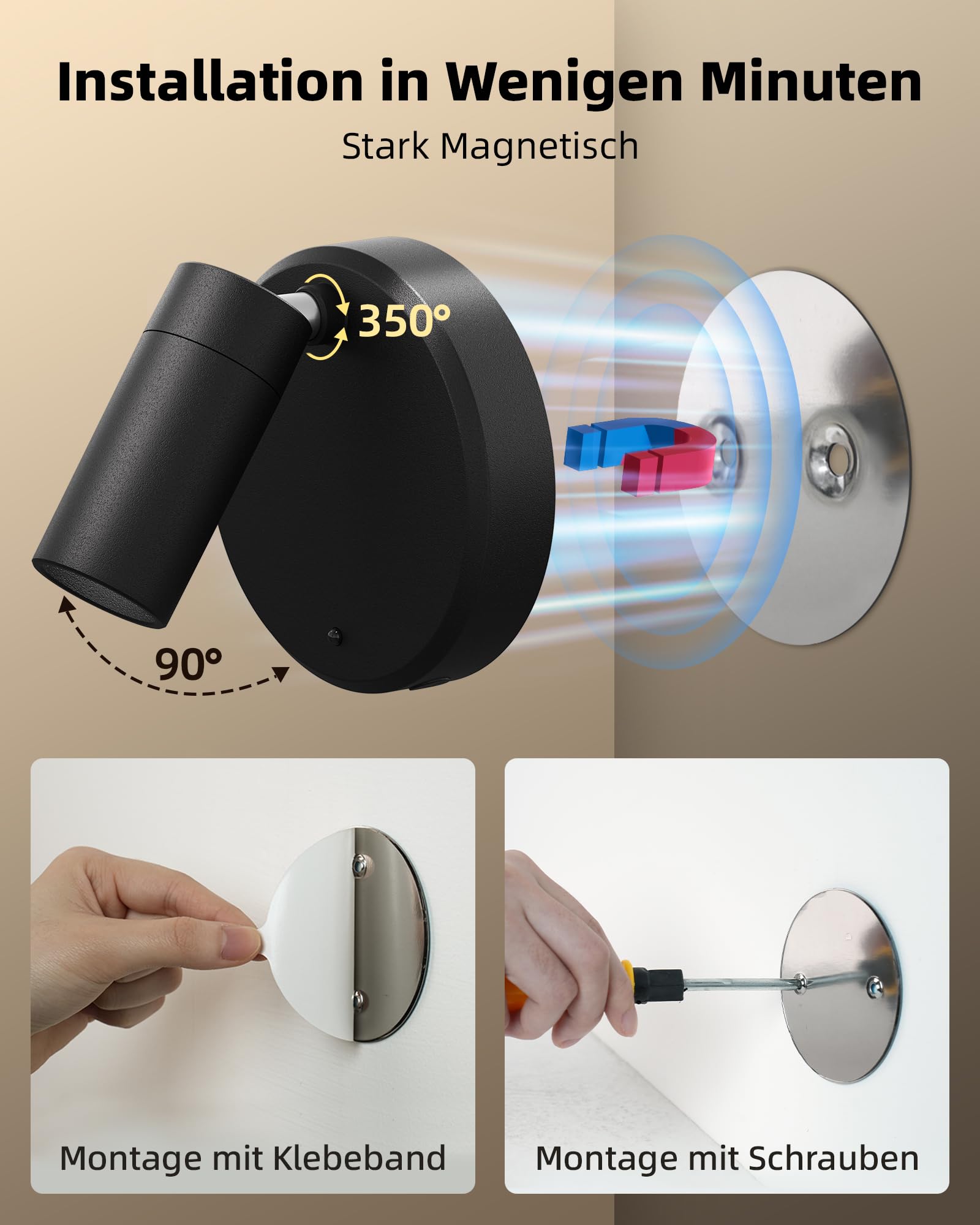 EZVALO Kabelloser Spotlight Schwarz, Aufladbarer Wandspot mit 5500mAh Akku, 3 Farben Dimmbar, 350° Drehbare Wandleuchte Innen mit Fernbedienung & Timer, für Bilder, Pflanzen und Deko [2er Set]