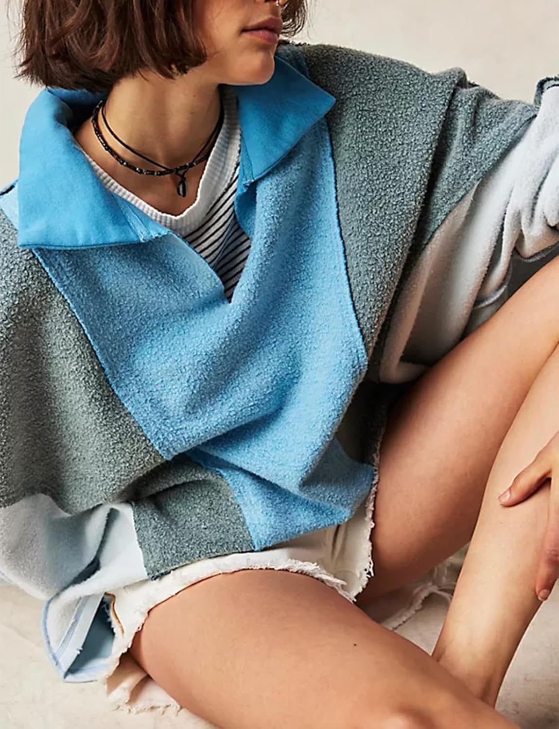 Yuemengxuan Women Fleece Sweatshirts Long Sleeve Colorblock Cropped Oversized Sweatshirt Y2k V-Neck Pullover Tops - Image 4