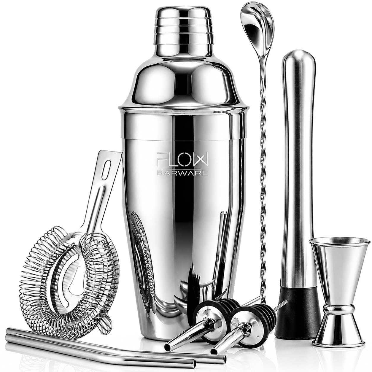10pc Cocktail Shaker Set, Mixing Strainer, Muddler, Spoon, Spirit Measure Jigger