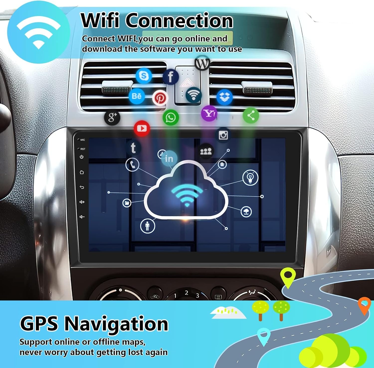 Android Car Stereo for Suzuki SX4 2006-2013 with Wireless Carplay Android Auto, 9 Inch Touch Screen Bluetooth Car Radio Support GPS Navigation WiFi HiFi Audio FM SWC USB + HD Backup Camera