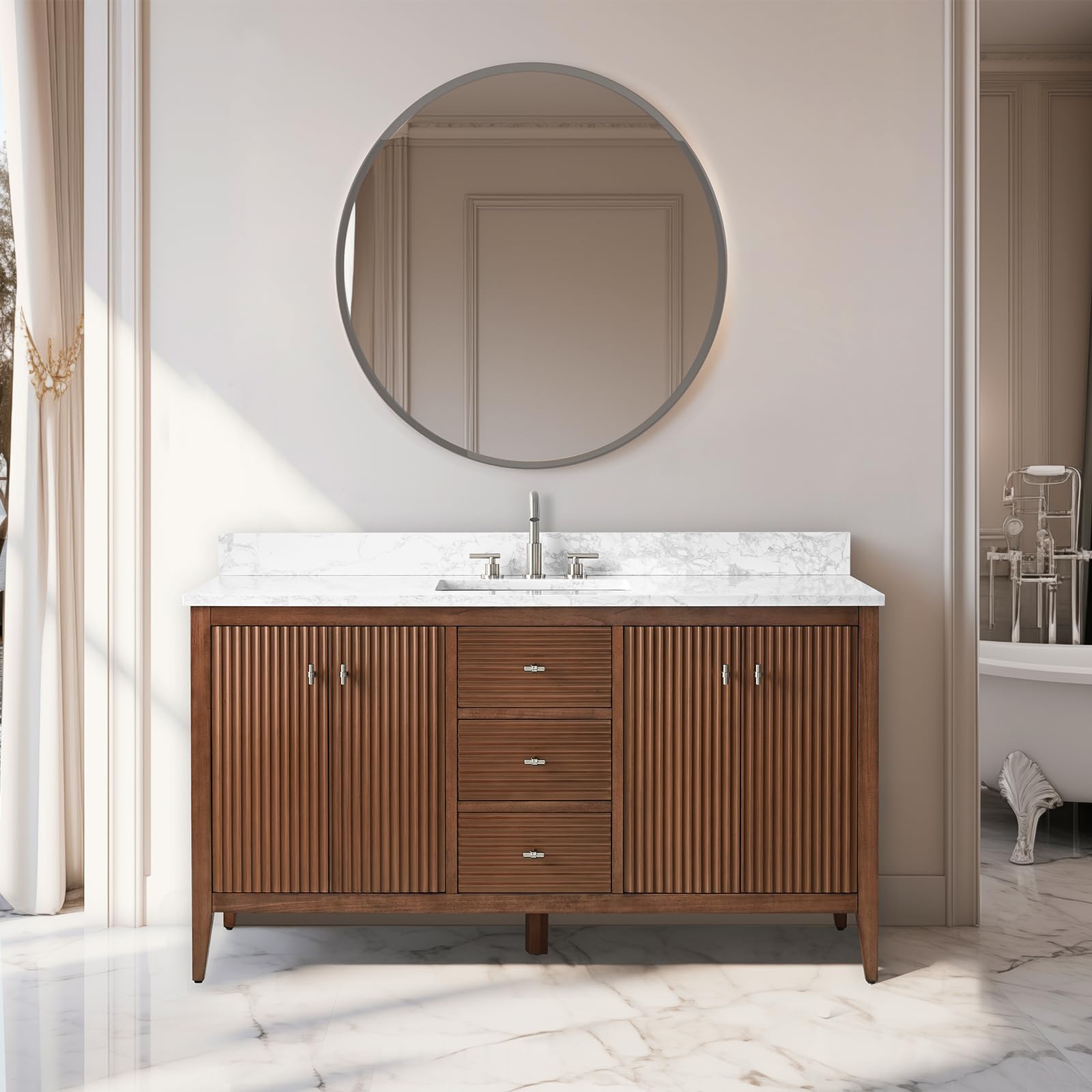 Vanity Art 60 inch Walnut Bathroom Vanity with Single Sink & Ceramic Top, Vanity Cabinet with Soft-Closing Door, Solid Wood Frame, Linear Pattern,