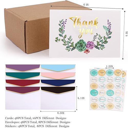 Miniatura 2 de Paquete de 48 tarjetas de agradecimiento de boda con sobres, notas de agradecimiento, calcomanías de felicitación, tarjeta de cumpleaños, despedida