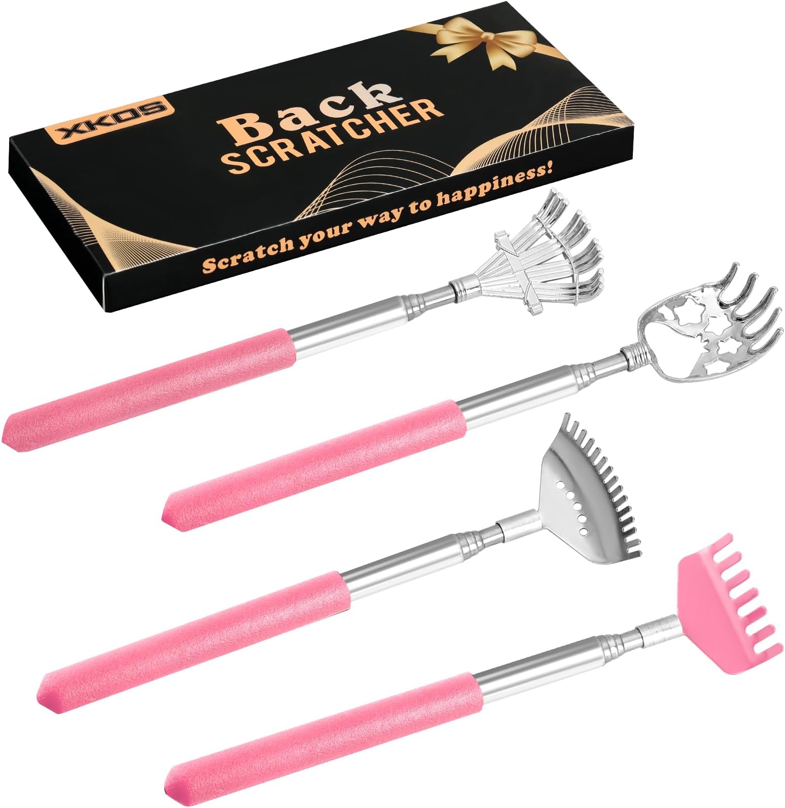XKOS 4 Pack Different Back Scratcher Portable Telescoping with Rubber Handles, Extendable Metal Back Massager Tool with Beautiful Box, Stocking Stuffers for Men Women Adults (Pink)