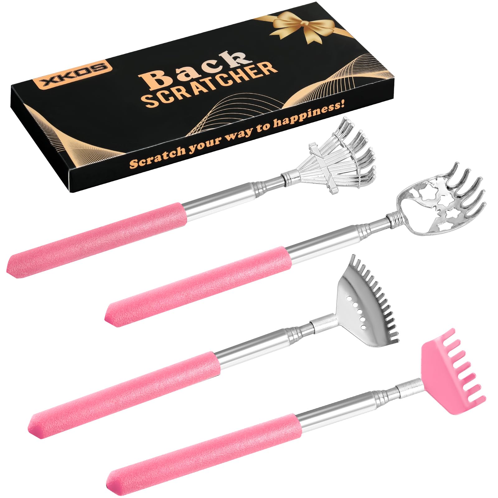 XKOS 4 Pack Different Back Scratcher Portable Telescoping with Rubber Handles, Extendable Metal Back Massager Tool with Beautiful Box, Stocking Stuffers for Men Women Adults (Pink)