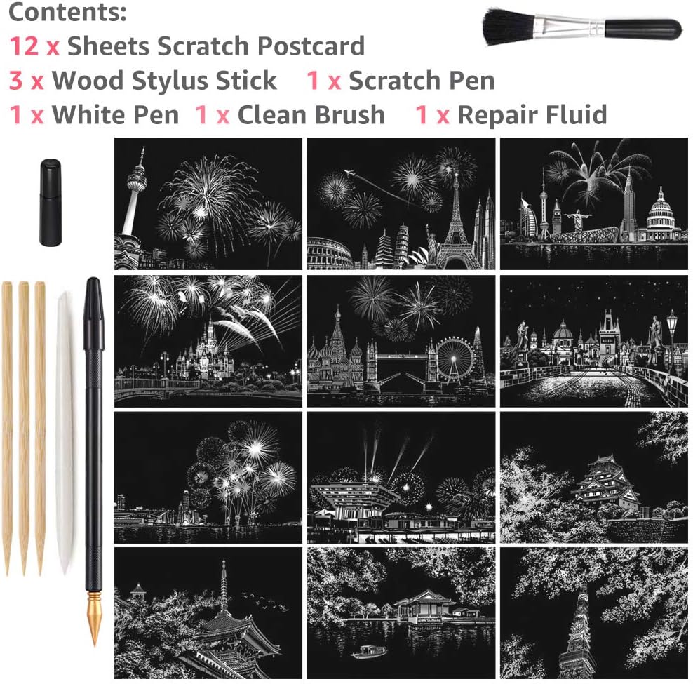 Magic Scratch Art Paper, Mini Envelope Postcard, Rainbow Night View Scratchboard for Adults and Teen, Art & Crafts Set: 12Sheets Scratch Cards & 7 Tools Drawing Pen, Clean Brush (Colorful Fireworks)