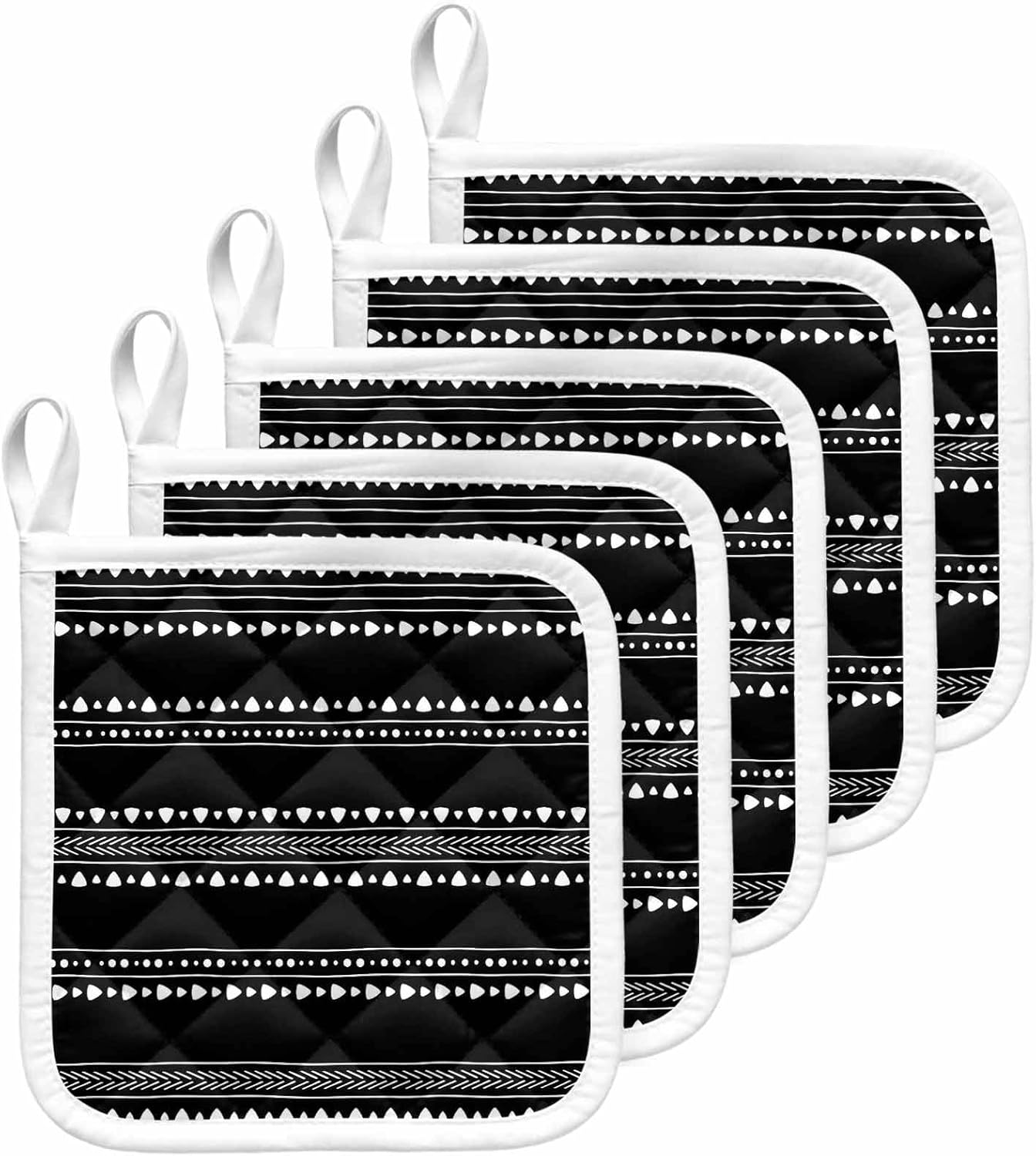 Black Boho Geometric Pot Holders for Kitchen Heatproof Potholder, 5 Pack Abstract Art Dots Striped Hot Pads Multipurpose Oven Pads Cloth Potholders Trivet for Cooking Baking