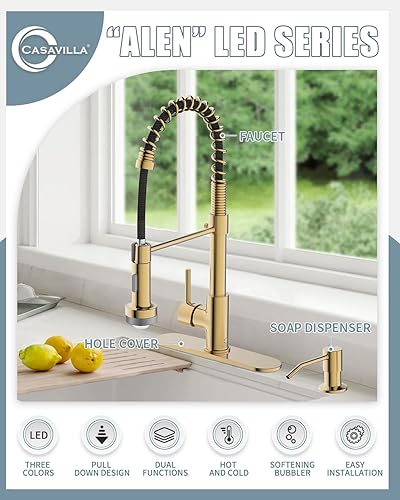 Miniatura 2 de Grifo de cocina LED, grifo de cocina de oro cepillado con dispensador de jabón y placa de cubierta, grifo para fregadero de cocina de casa rodante