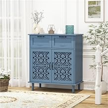 2-Door 2-Drawer Cabinet, Wooden Storage Cabinet, American Furniture, Black Metal Handles, Symmetrical Carved Pattern, 4 Wooden Legs, Suitable for Bedroom, Living Room, Study, Blue