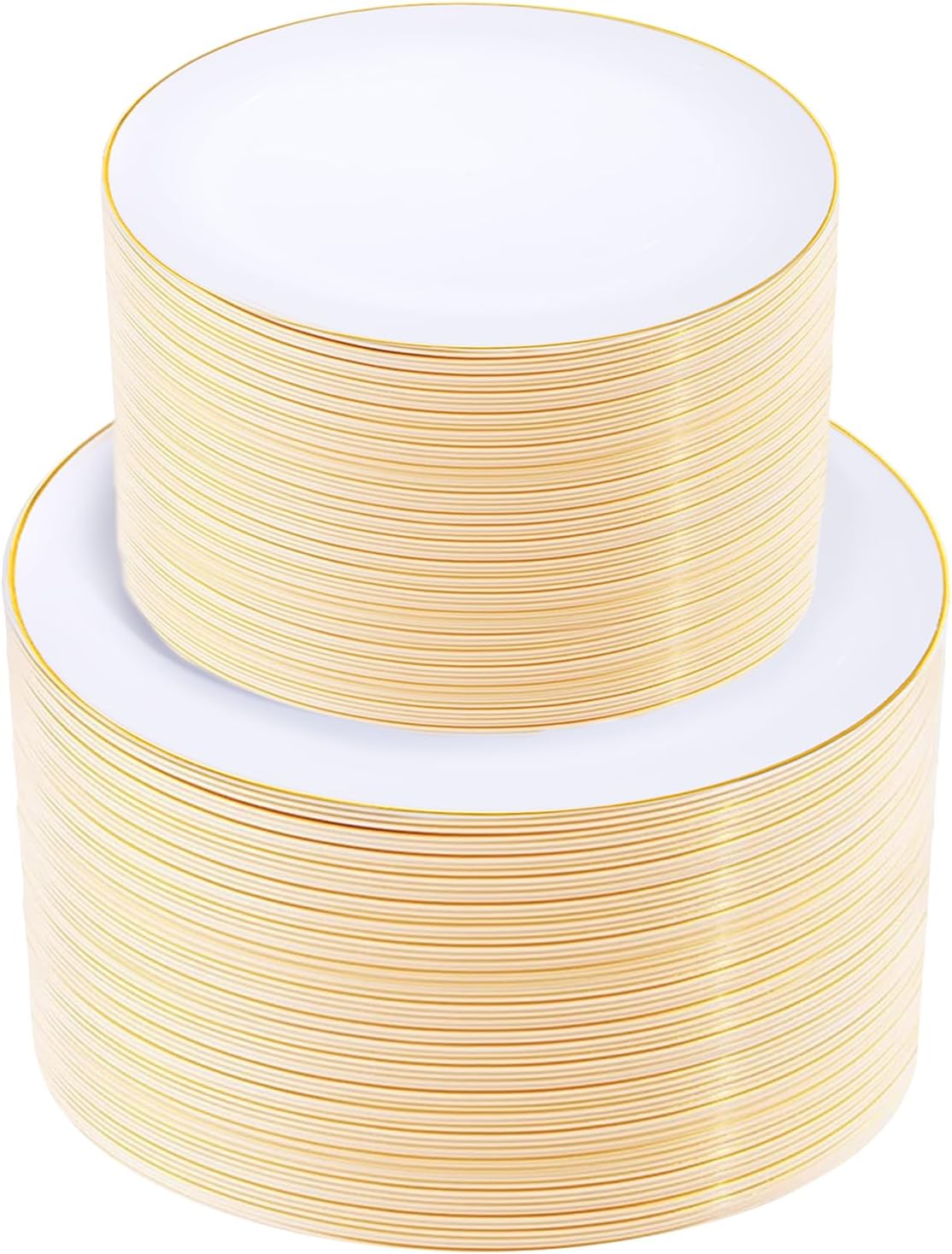 KIRE 200PCS Gold Plastic Plates - Disposable Plates for Party - White Plastic Plates with Gold Rim Include 100 for Dinner and 100 for Dessert/Salad in Wedding Gold 200 PCS