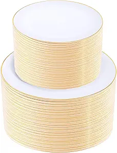 KIRE 200PCS Gold Plastic Plates - Disposable Plates for Party - White Plastic Plates with Gold Rim Include 100 for Dinner and 100 for Dessert/Salad in Wedding/Thanksgiving