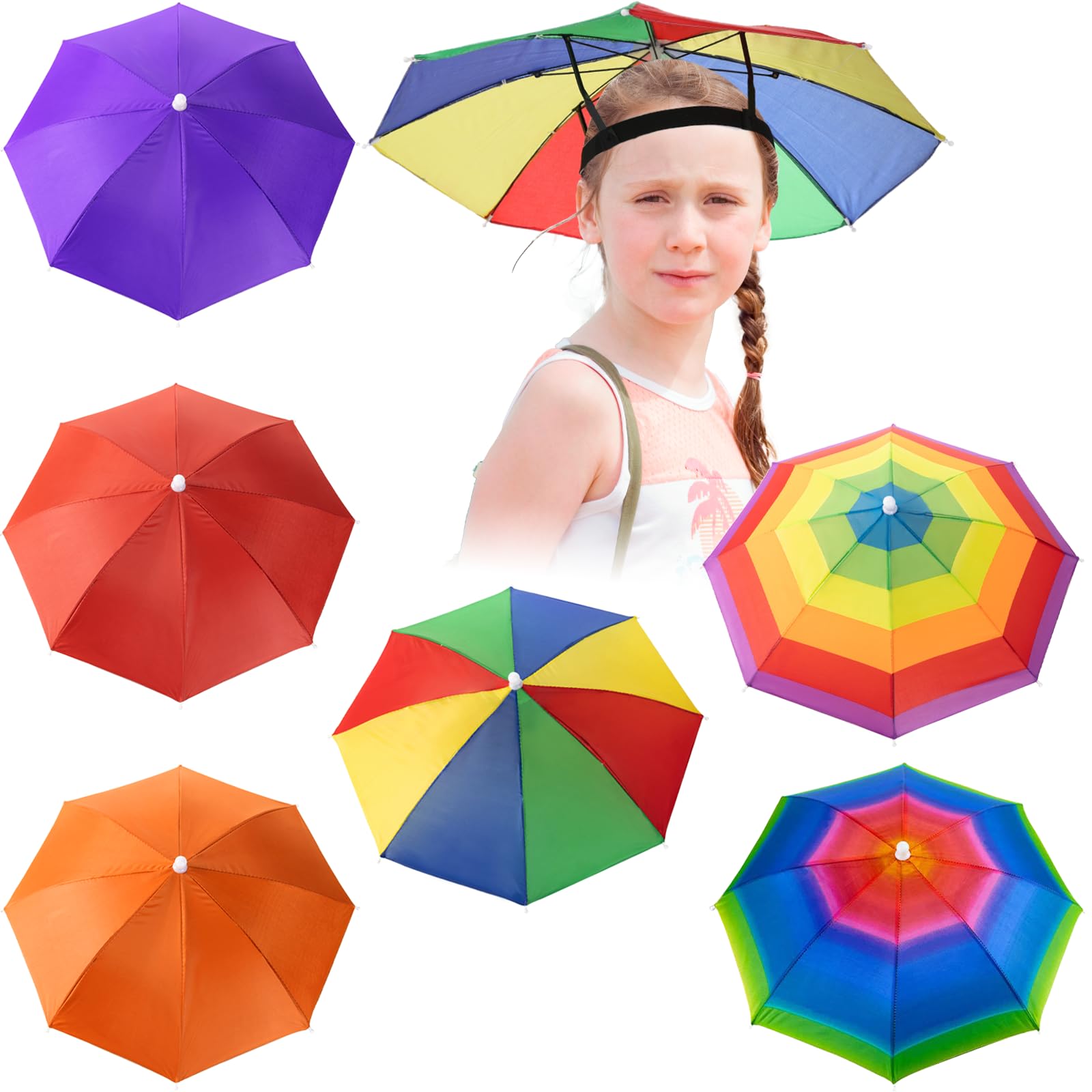 Ysglory6 Pack Umbrella Hat Rainbow Umbrella Hat for Kids Adult Women, Colorful Umbrella Hat Rainbow Head Umbrella Cap for Sun 20 Inch Diameter Folding Waterproof Elastic Fishing Rain Hats for Outdoor Party