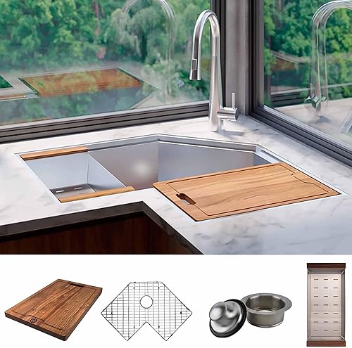 Miniatura 1 de Strictly Sinks - Fregadero de cocina esquinero de 30 pulgadas para montaje inferior, acero inoxidable calibre 16, con mariposa, montaje inferior,