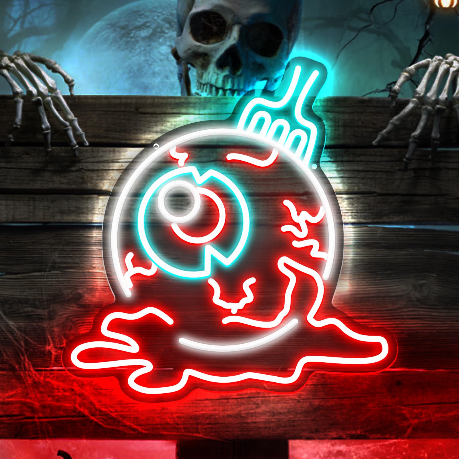 Creepy Eyeball Neon Sign Halloween LED Neon Light with Fork&Glowing Eyes Light for Spooky Party Home Kitchen Haunted House Decor