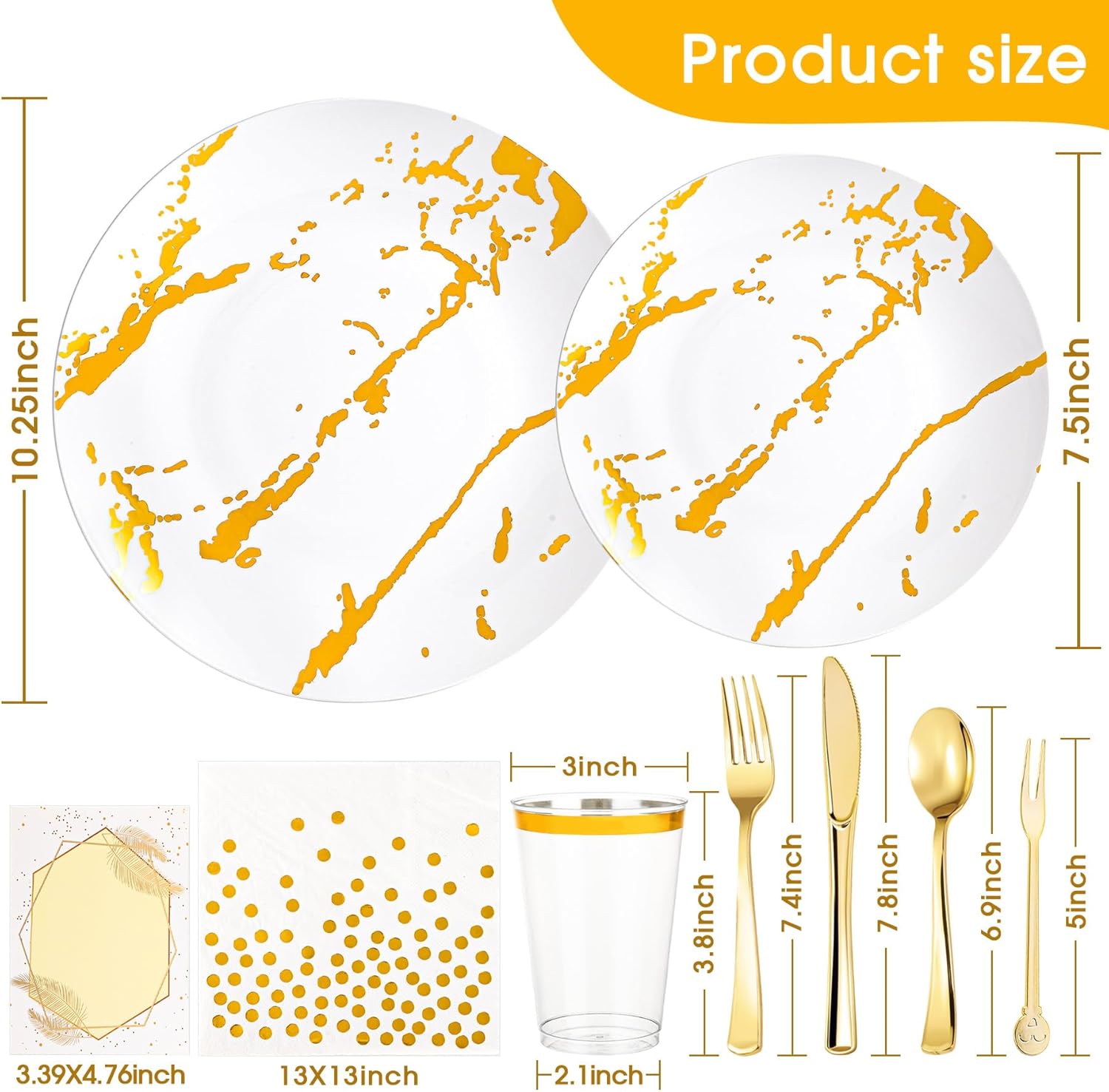 N9R 225pcs White Gold Plastic Plates, Disposable Dinnerware Set Include 25 Dinner Plates, 25 Dessert Plate, 25 Plastic Silverware, 25 Mini Forks, Gold Cups, Napkins and Table Cards for Party, Wedding