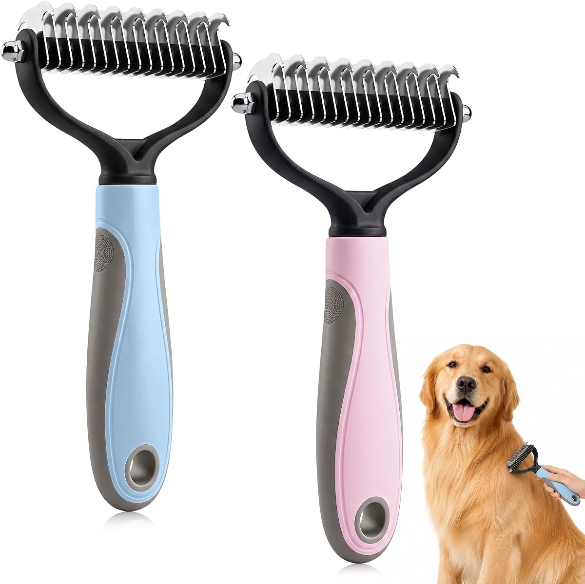 2Pcs Pet Grooming Brush, Pet Knotter Dog Grooming, Deshedding Dog Brush Removes Tangles Knots and Loose Fur, Pets Knotting Comb, Pe t Pro Double Sided Shedding Brush (Blue+Pink)