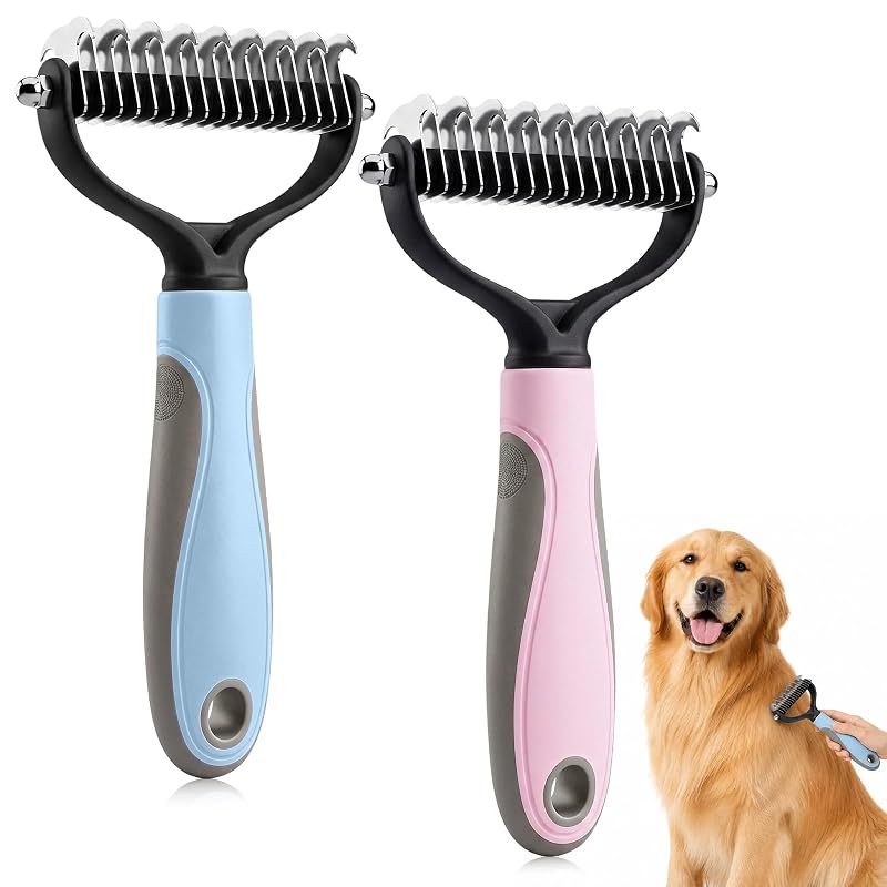 Escova Dupla para Desembaraçar e Remover Pelos de Cães e Gatos SereniMist Azul e Rosa, Pacote com 2