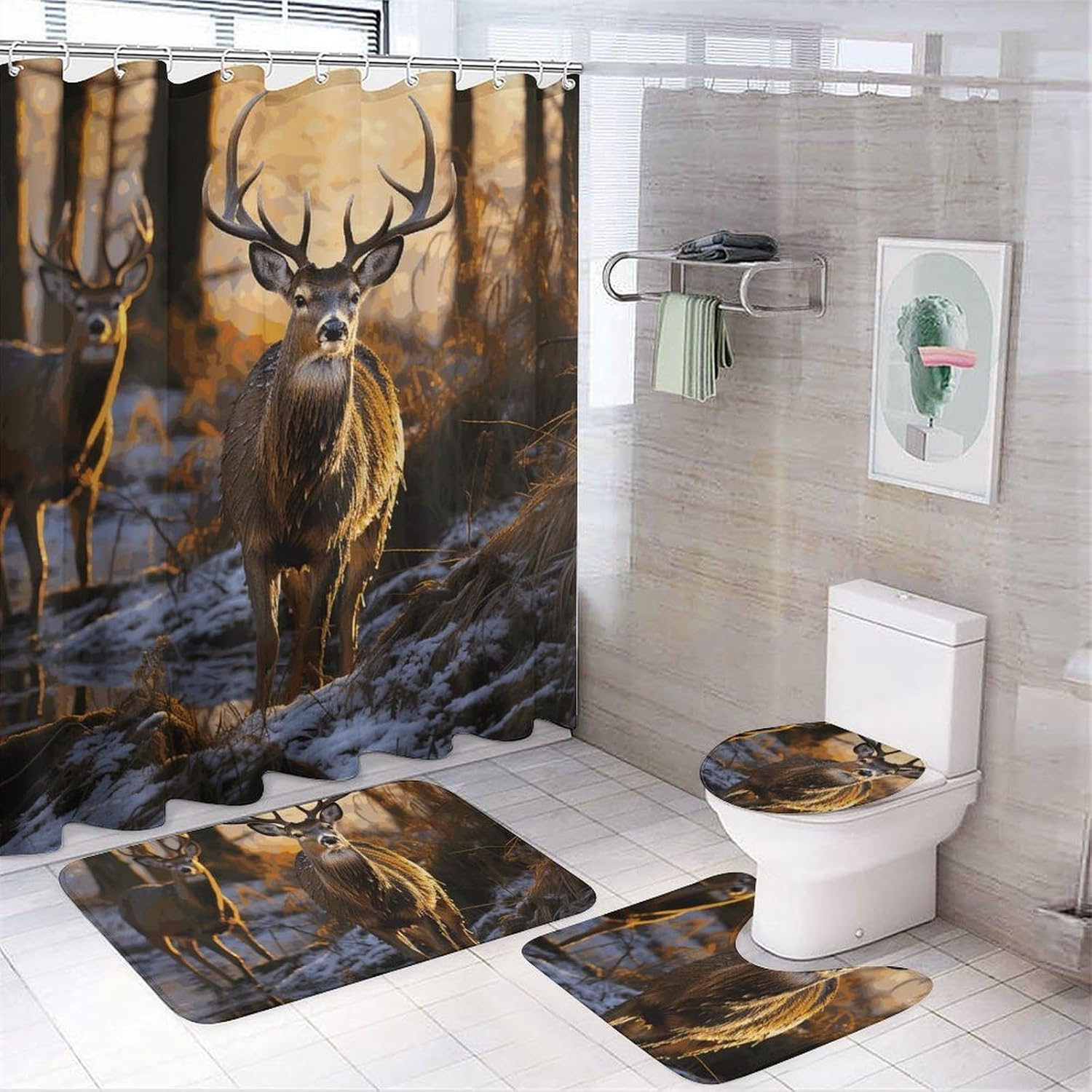 Deers Picture Shower Curtains Set 4 Piece with Non-Slip Rugs, Toilet Lid Cover and Bath Mat Soft Bathroom Carpet Waterproof Bathroom Curtain with 12 Hooks for Bathroom Decor