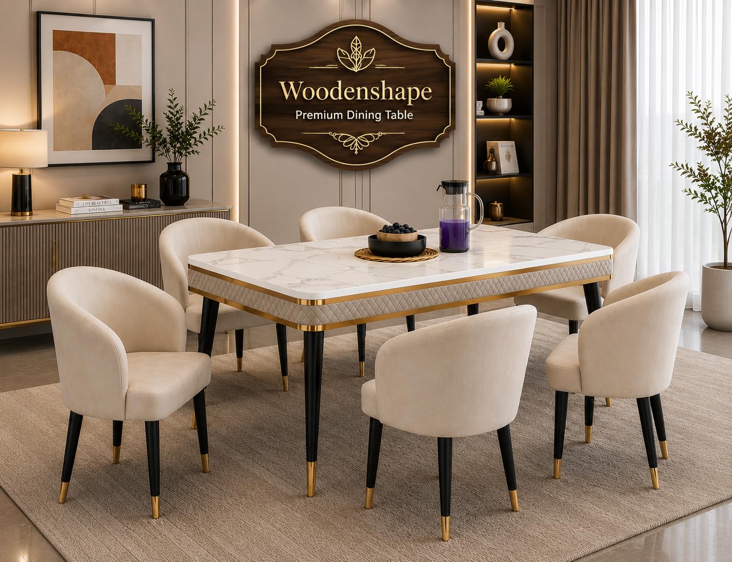 6-Seater Dining Table Set with Nano Composite Marble Top and Solid Wood Base. Includes 6 Modern Chairs. Home and Dining Room Furniture. Modern Dining Table Set.-image-33