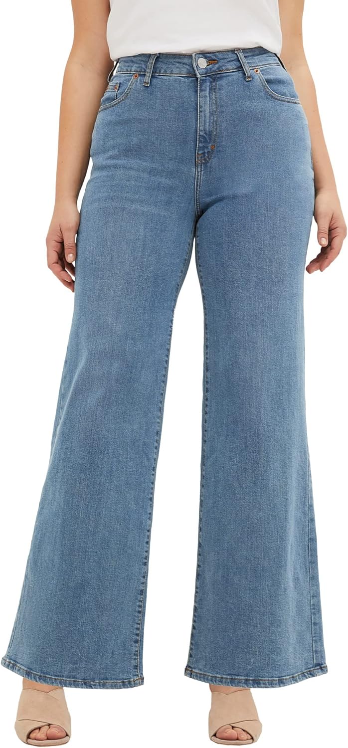 ellos Plus Size Stretch High-Waist Wide Leg Jeans
