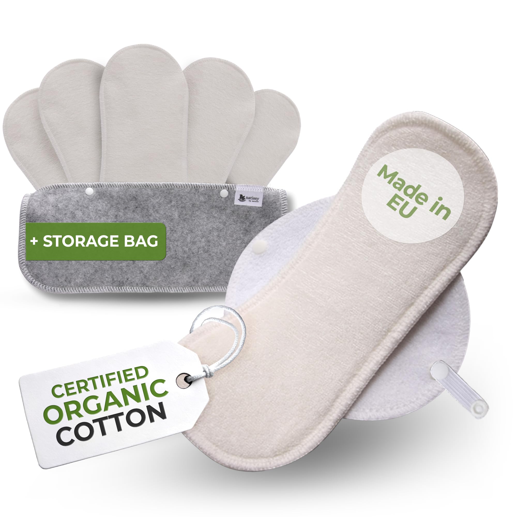 Compresas reutilizables en algodón orgánico para flujo ligero (S+M, 6 uds.); lavables a alta T°, HECHAS EN LA UE; suaves y no irritantes, compresas de tela para una higiene menstrual cómoda de mujeres — view 16