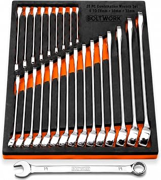 Spanner Set 25 Combination Open and Bi-Hexagonal Spanner Set, Drop Forged 6 to 28, 30, 32mm Metric Sizes Supplied in Heavy Storage Eva Foam Tray