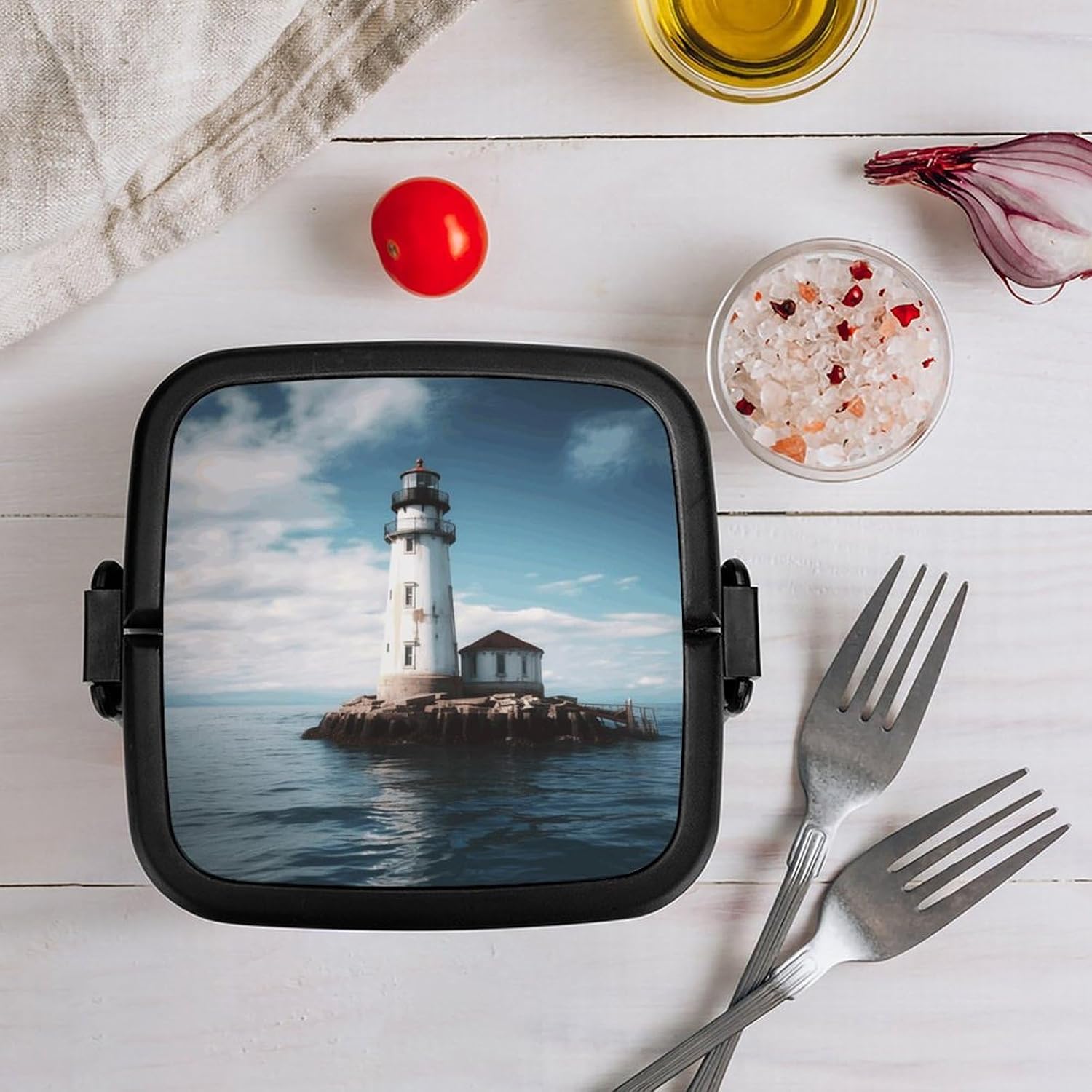 Light House Bento Box Adult Lunch Box Containers with Spoons Double Layered Lunch Containers Portable Lunch Boxes Food Container for Work Picnic Travel