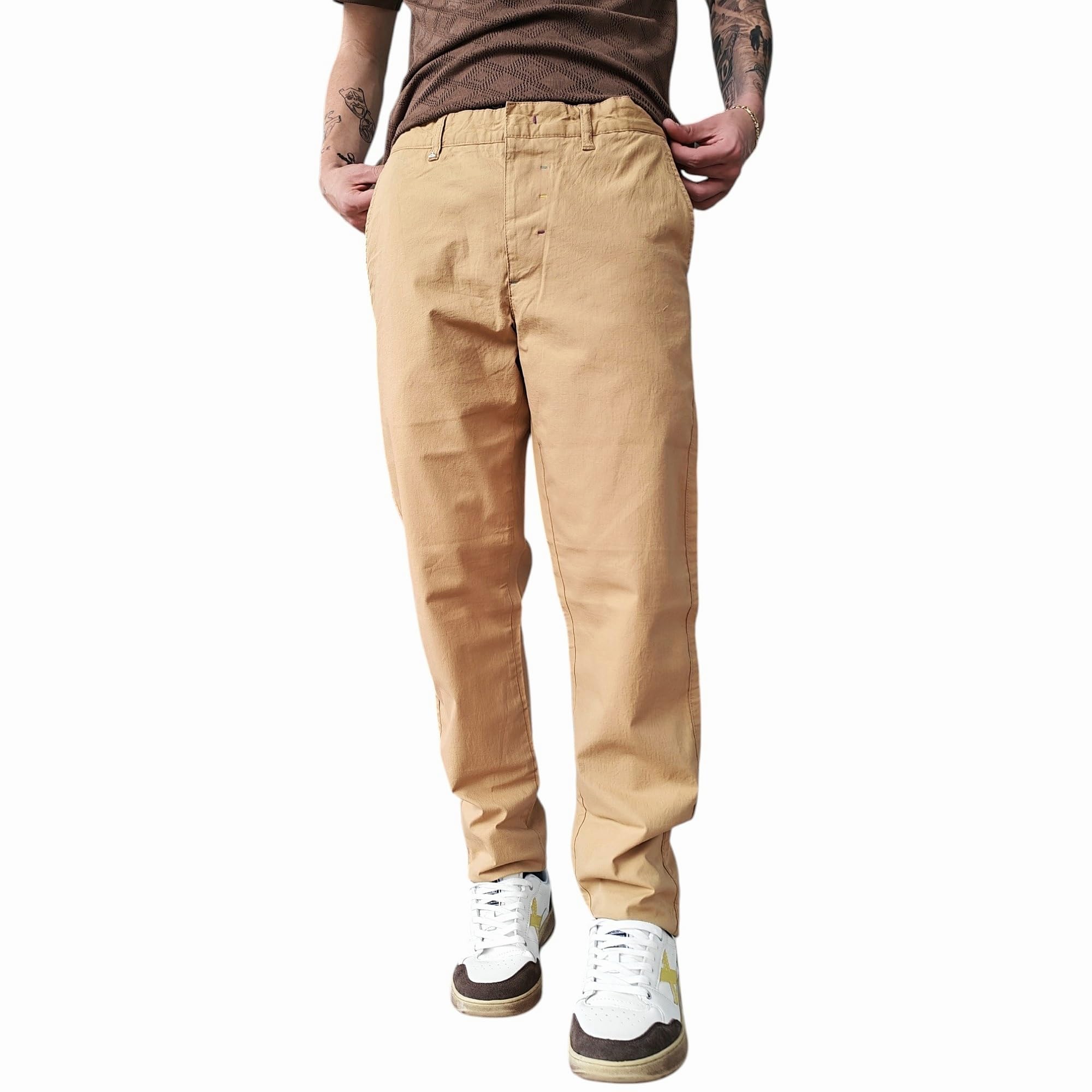 Berna Pantalone Uomo Misto Cotone/Lino Slim Fit Modello Chinos Colore Cammello Taglia 46