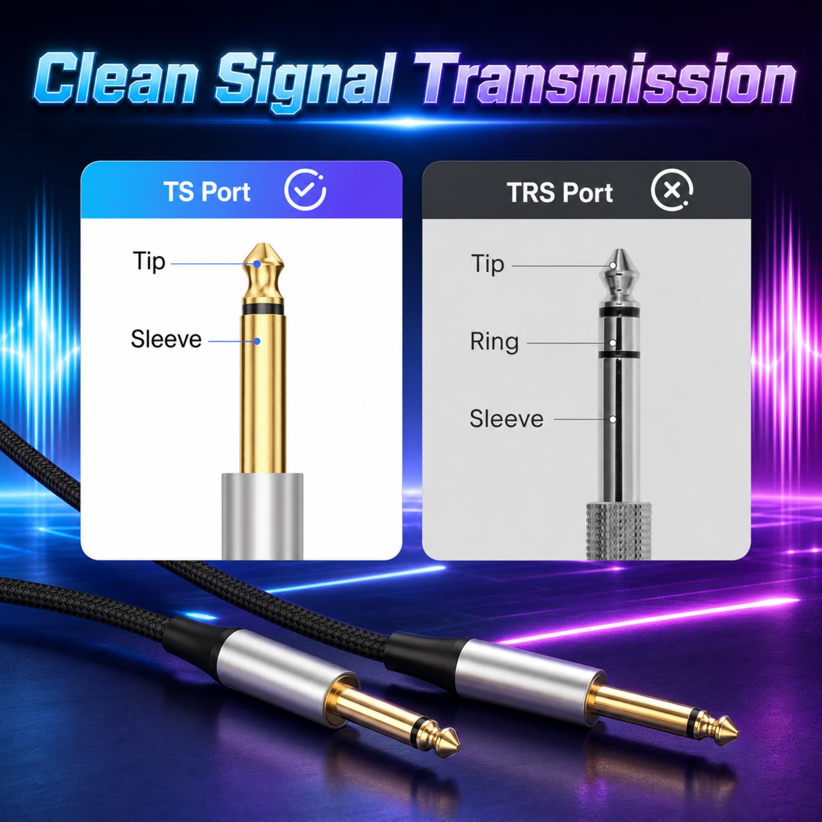 Tellegloww Instrumenten-Gitarrenkabel, 6,35 mm, 6,35 mm, Mono-Klinkenstecker, 6,35 mm, unsymmetrisches Gitarren-Patchkabel, Stecker auf Stecker, Aluminium-Legierung, Nylongeflecht, 3 m, silberfarben