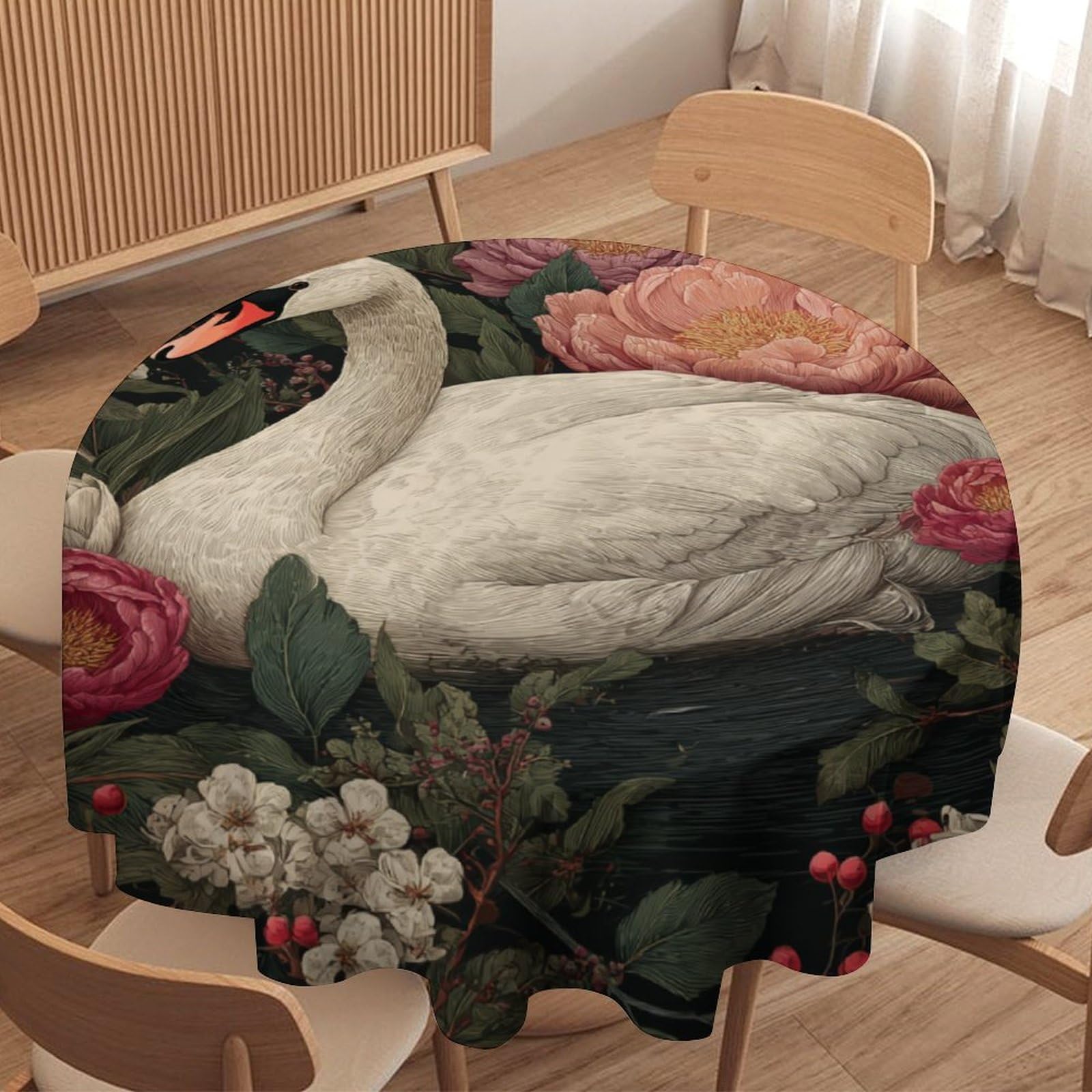 LUYYSKY Rustic Realistic Elegant Swan Waterproof Round Tablecloth Antique Oil Painting William Morris Flowers Animal Swan Washable Table Cover for Kitchen-177.8" Wx177.8 L cm